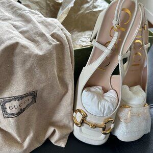 Gucci baby horse bit slingback pump, mystic white